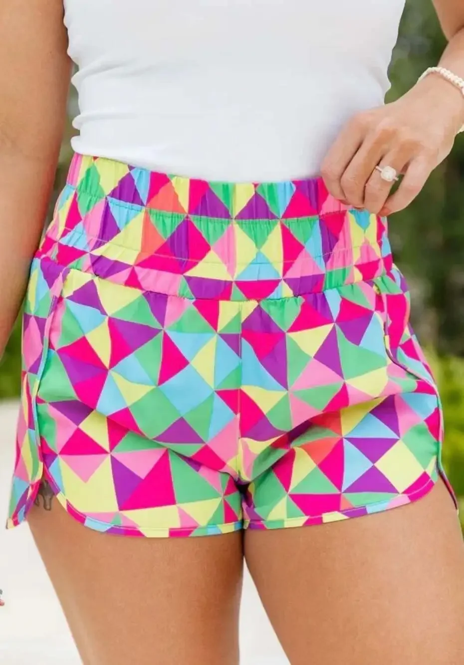 Multicolor Geometric High Waisted Athletic Shorts